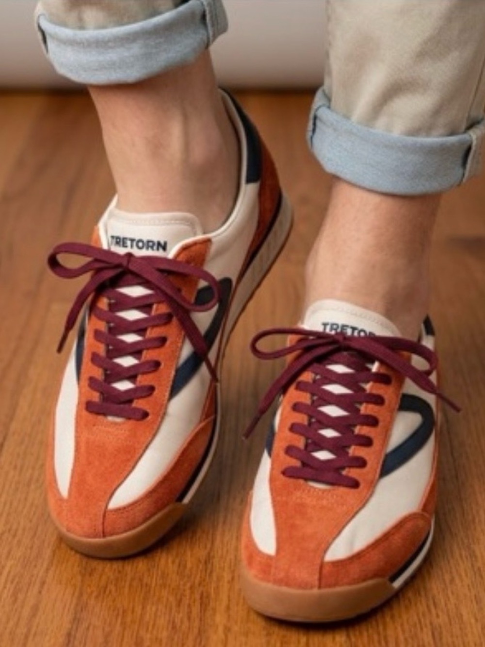 Tretorn Orange Suede Retro Runner with Navy Accents and Burgundy Laces